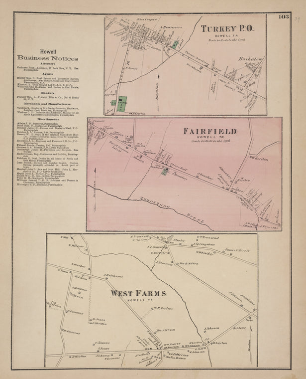 Howell Business Notices. ; Turkey P.O. [Village]; Fairfield [Village]; West Farms [Village]