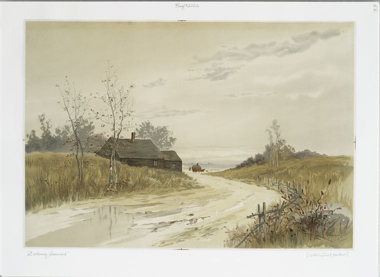 Gathering Seaweed. [Print depicting road to sea shore with house, trees, horse-drawn cart, and ships at a distance.]