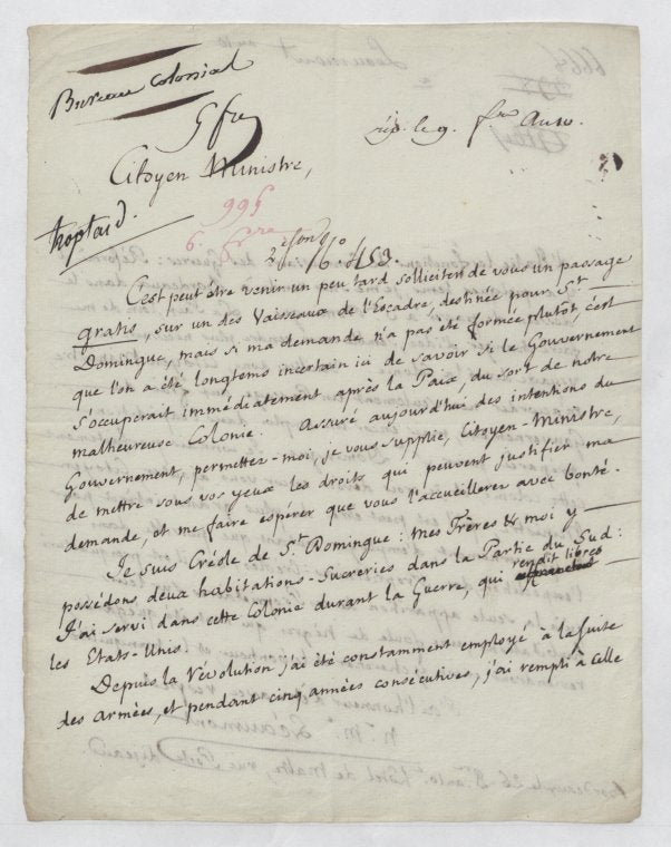 Letter to the Minister of Marines and Colonies, Paris