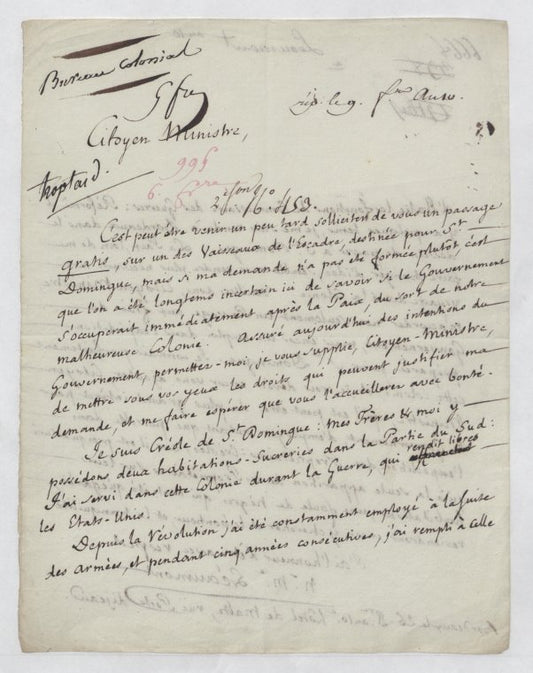 Letter to the Minister of Marines and Colonies, Paris