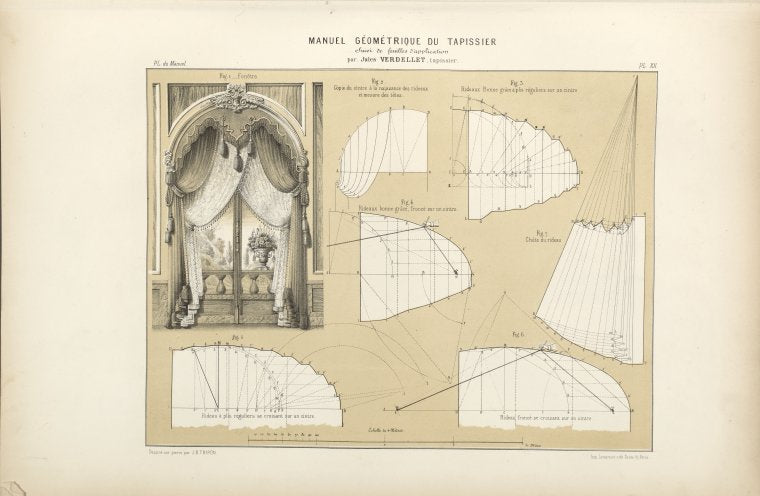 Untitled plate featuring window draperies and their plans