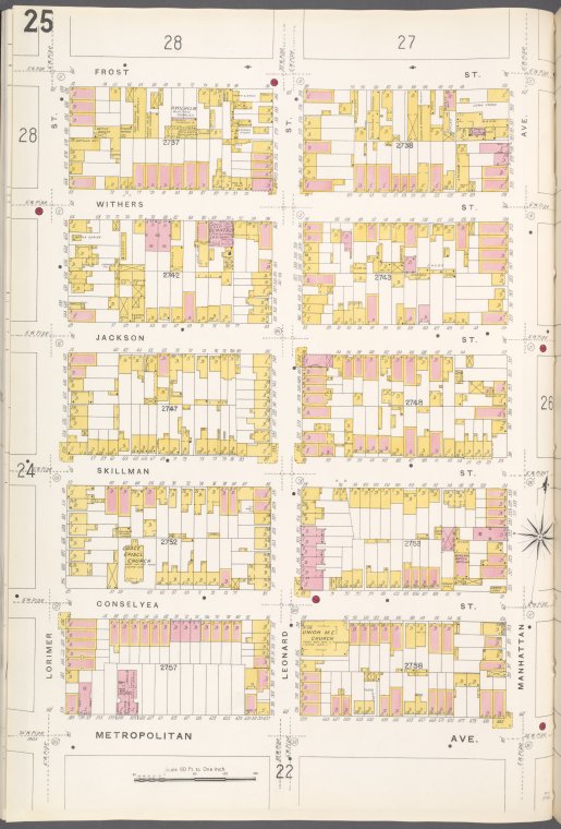 Brooklyn V. 4, Plate No. 25 [Map bounded by Frost St., Manhattan Ave., Metropolitan Ave., Lorimer St.]