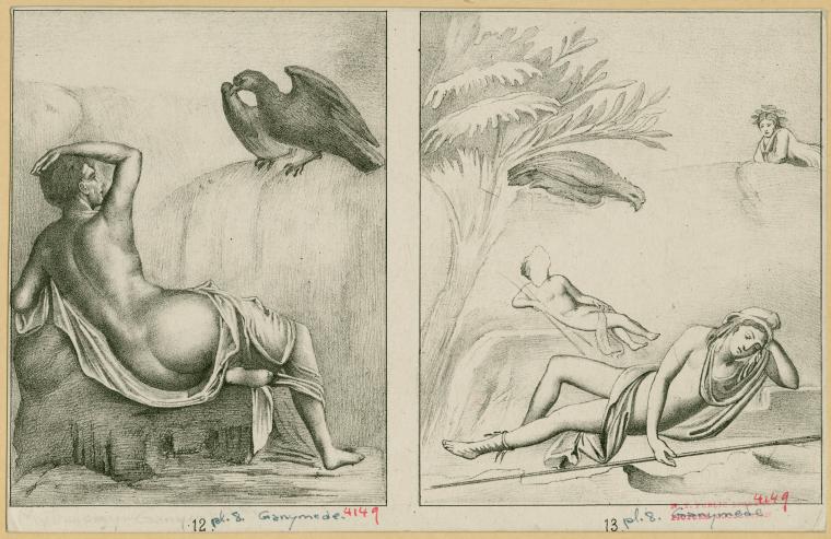Two images of Zeus in the form of an eagle approaching Ganymede