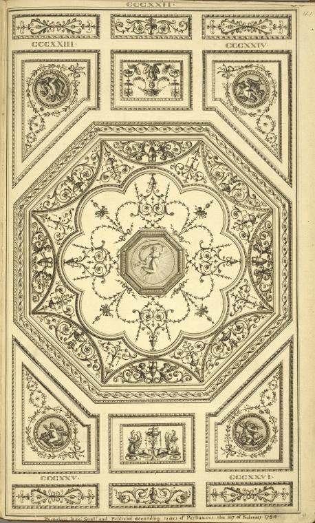 Central octagonal design with leaves and urns; center design of woman with drape