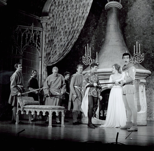 (From right to left) Robert Goulet, Julie Andrews, Roddy McDowall, and unidentified actors in the stage production Camelot