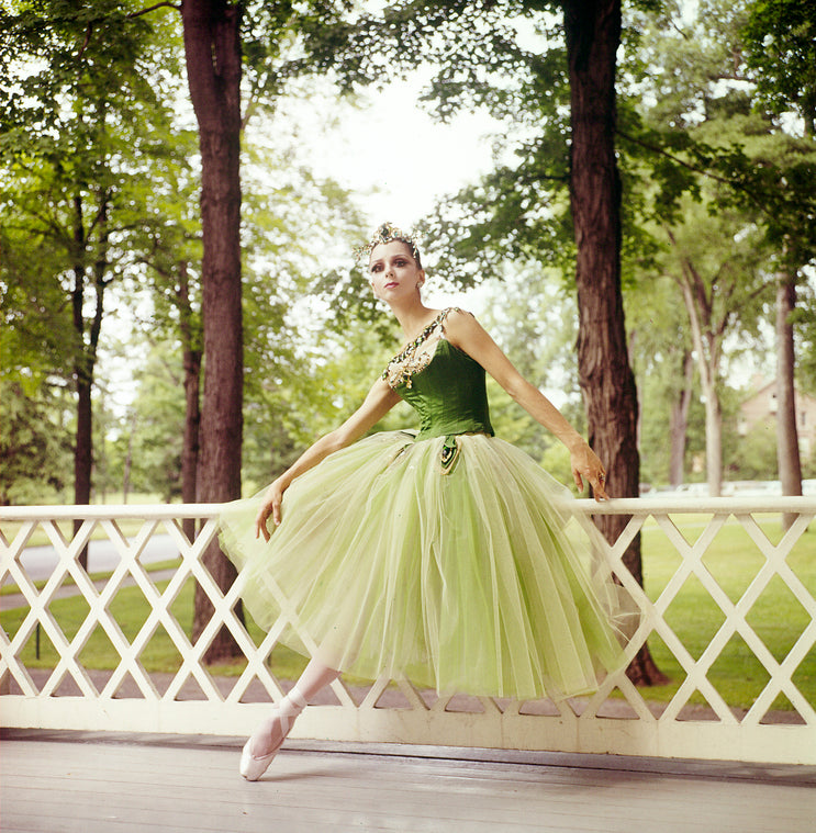 New York City Ballet - dancer Mimi Paul in costume for "Emeralds" poses for publicity for opening of new theatre at Saratoga Performing Arts Center (Saratoga)