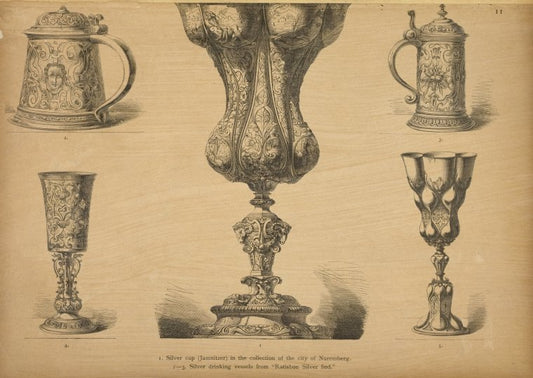 1. Silver cup (Jaminitzer) in the collection of the city of Nuremberg. 2-5. Silver drinking vessels from "Ratisbon silver find."