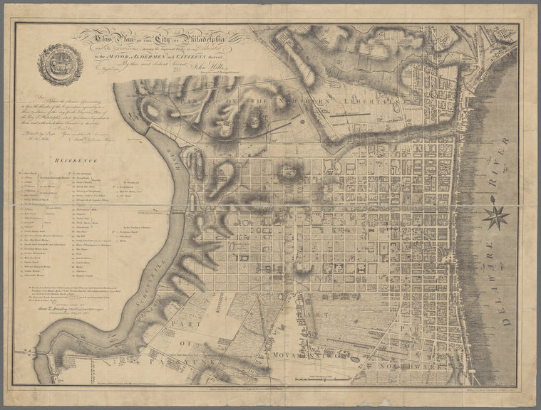 This plan of the city of Philadelphia and it's environs (shewing the improved parts) is dedicated to the mayor, aldermen and citizens thereof, by their most obedient servant John Hills, surveyor and draughtsman, May 30th 1796