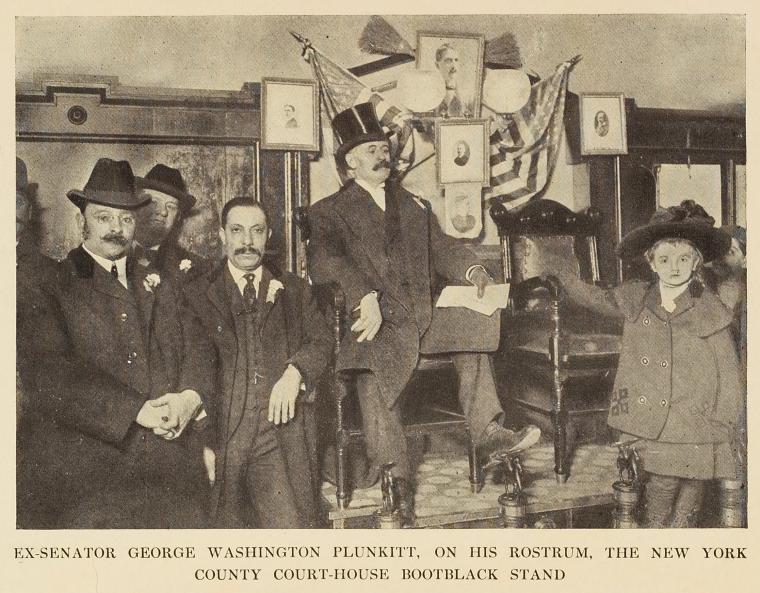 Ex-Senator George Washington Plunkitt, on his rostrum, The New York County Court-House bootblack stand.