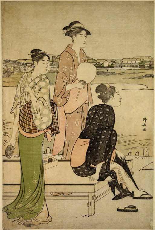 Two groups of women on the bank of the river Sumida