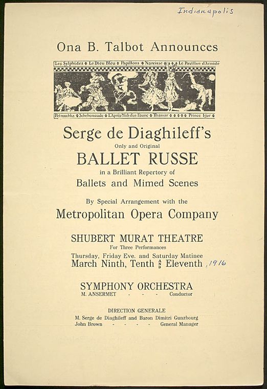 Program for the appearance of Diaghilev's Ballets Russes at the Shubert Murat Theatre, March 9-11, 1916