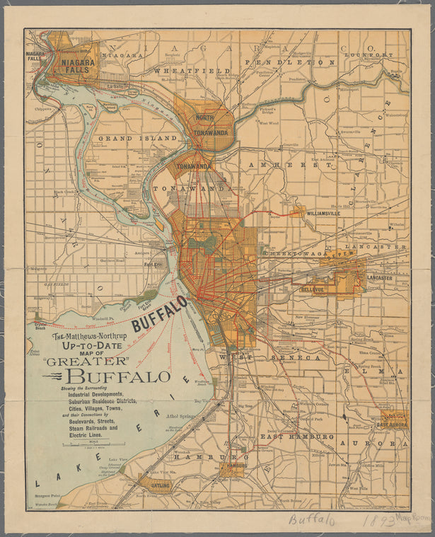 The Matthews-Northrup up-to-date map of "greater" Buffalo: showing the surrounding industrial developments, suburban residence districts, cities, villages, towns, and their connections by boulevards, streets, steam railroads and electric lines