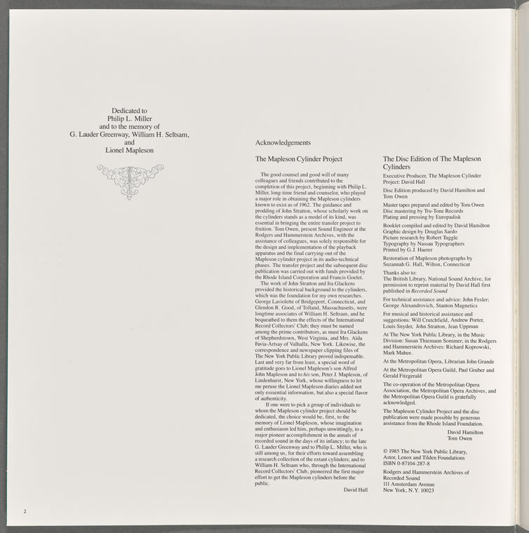 The Mapleson Cylinders: Booklet with track listing and liner notes