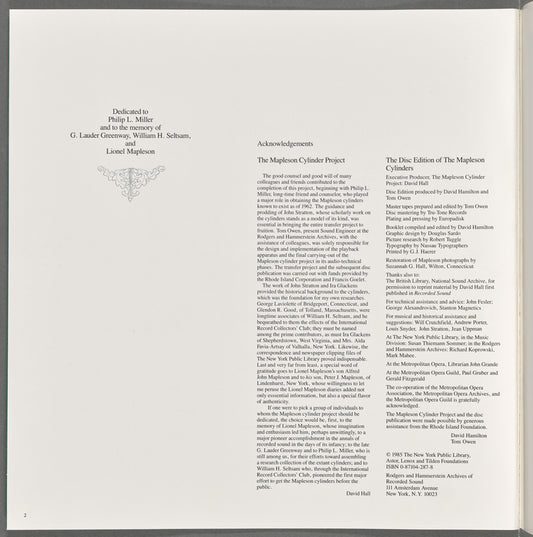 The Mapleson Cylinders: Booklet with track listing and liner notes