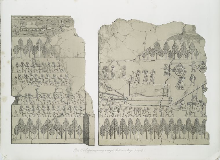 Assyrians moving a winged bull on a sledge. (Kouyunjik) [Quyunjik].