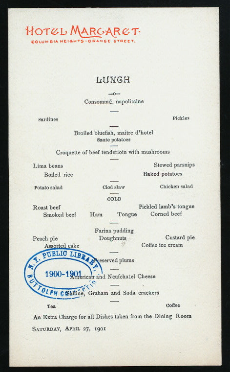 LUNCH [held by] HOTEL MARGARET [at] COLUMBIA HEIGHTS (HOTEL;)