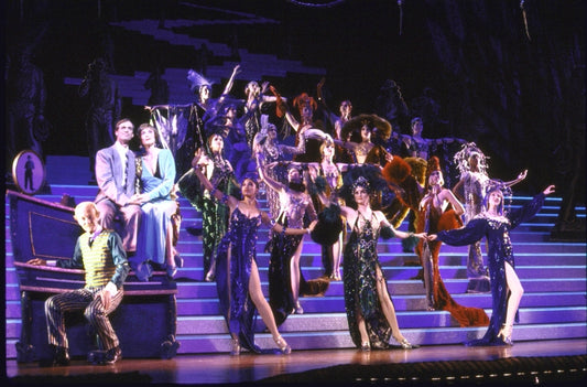 Actors (L-3L) George Riddle, Keith Carradine and Dee Hoty with cast in a scene from the National tour of the Broadway musical "The Will Rogers Follies." (San Francisco)