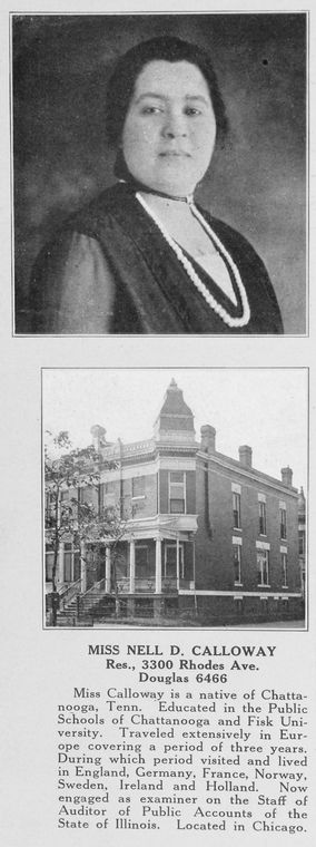 Miss Nell D. Calloway; Auditor of Public Accounts of the State of Illinois; Res., 3300 Rhodes Ave., Douglas 6466.