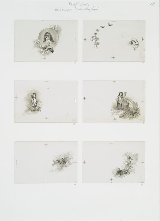 Auld lang syne: cards depicting girls gathering flowers, birds, butterflies and a bee.