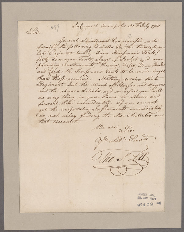 Lee, Thomas S. Annapolis. To Colonel Samuel Smith