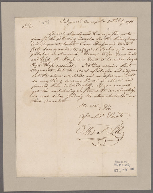 Lee, Thomas S. Annapolis. To Colonel Samuel Smith