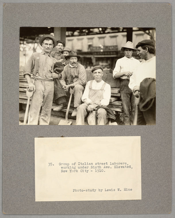 Group of Italian street laborers, working under Sixth Ave. Elevated, New York City, 1910