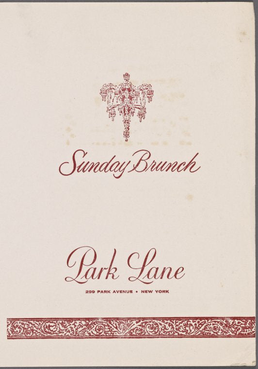 Sunday brunch menu, Tapestry Room at Park Place