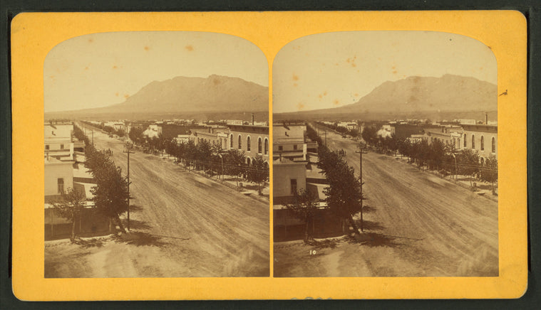Tejon Street, Colorado Springs, Colorado, looking south, with Cheyenne Mountain in the distance.
