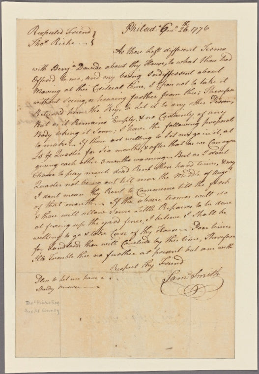 Letter to Thomas Riche, Bucks County [Penn.]