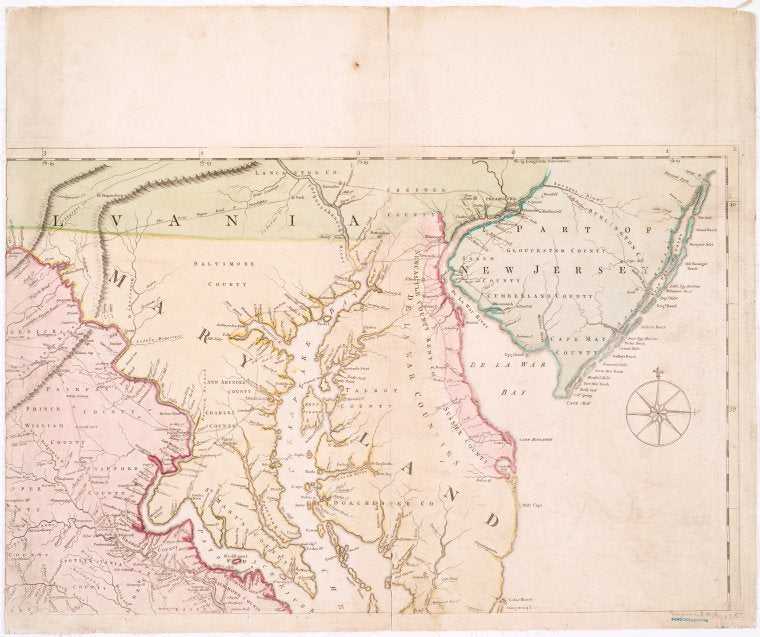 A map of the most inhabited part of Virginia containing the whole province of Maryland with part of Pensilvania, New Jersey and North Carolina