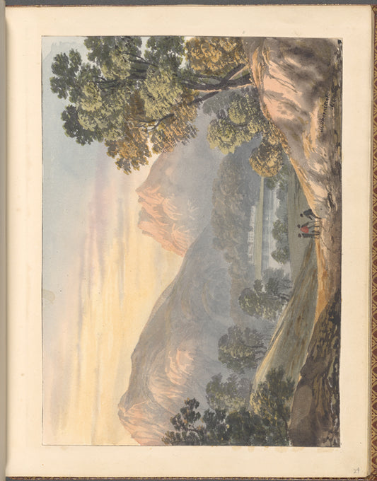 Mounted watercolor landscape with trees, lake and mountains, signed “M. Thornicraft 1822”