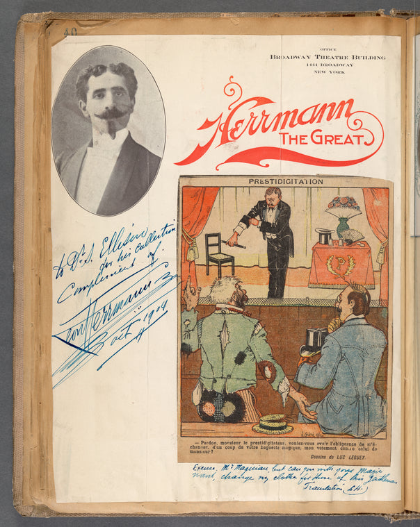 Scrapbook ephemera autographed by its subject, magician Leon Herrmann
