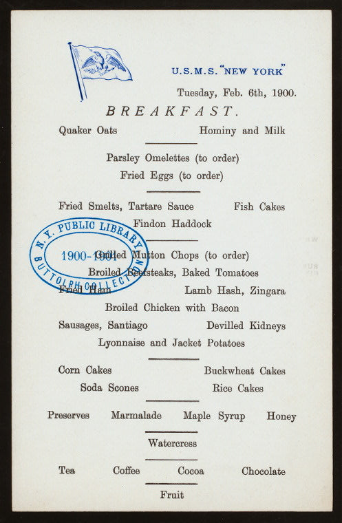 BREAKFAST [held by] U.S.M.S. NEW YORK [at] U.S.M.S. NEW YORK (SS;)