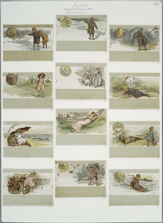 New Year cards depicting children in various activities : fishing, archery, seesaw, sledding, with lion, umbrella, snow. Featuring astrological signs.