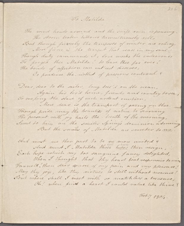 Holograph poem, "To Matilda"