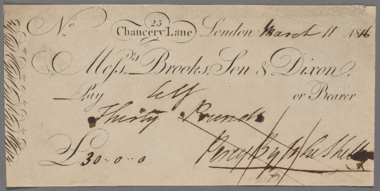 Autograph check (partly engraved) signed to Brooks, Son and Dixon, 11 March 1816