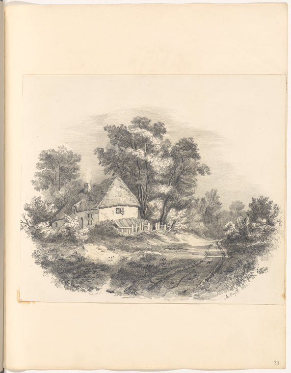 Mounted pencil landscape with cottage