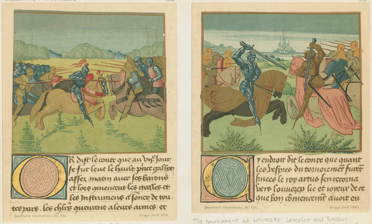 Illustrations of Palamedes in the tournament of Soreloys and Lancelot and Tristan in the tournament at Louvezep, from the Roman de Tristan.