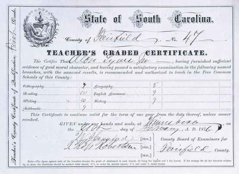 South Carolina Teacher's certificate for Albro Lyons, Jr.