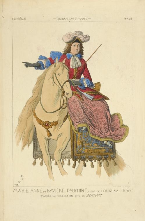 Marie Anne de Bavière, dauphine, mère de Louis XV (1690.) D'après la collection dite de Bonnart. XVIIe siècle, costumes civils, femmes, France.