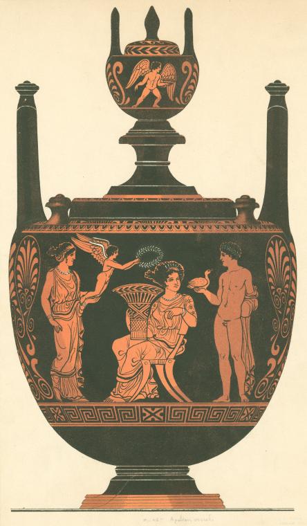 Apulian lebes gamikos showing a seated bride holding a vase, attended by a youth with a dove and a woman supporting Eros, who bears a wreath