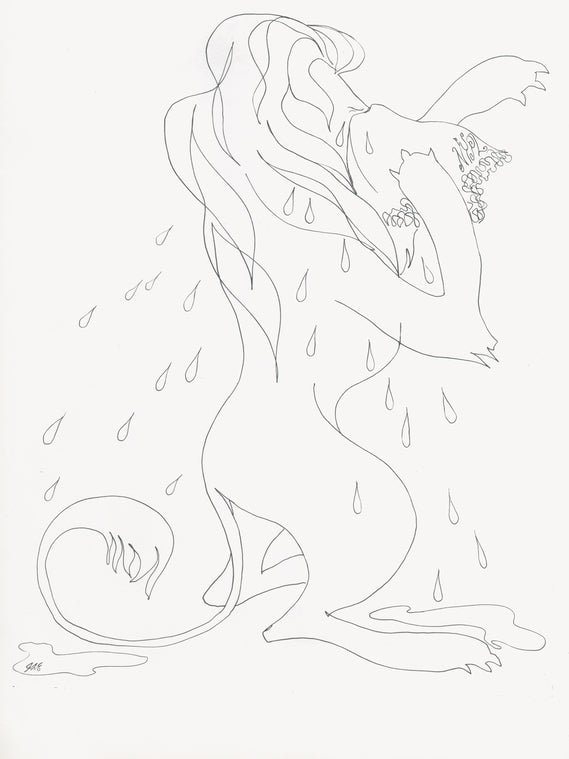 Ink drawing of a lion crying