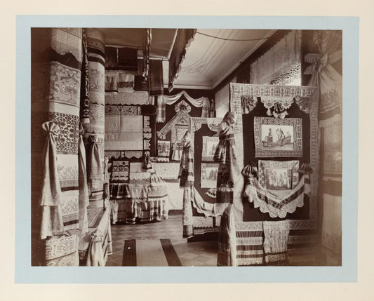 Pieces of embroidery with views of interiors and traditional costumes of Eastern Russia, different embroidery