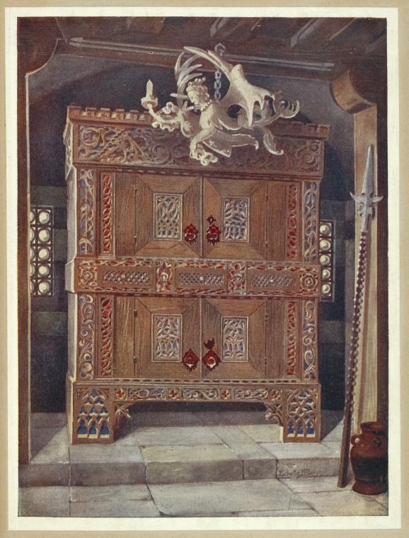 Late Gothic schrank. In the Bavarian Museum, Munich, with hanging light (leuchterweibschen), from Albert Dürer's house at Nuremburg.