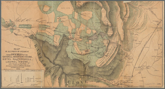 Map of all points of interest within four miles of the Catskill Mountain House, Hotel Kaaterskill, and Laurel House, with roads and foot paths