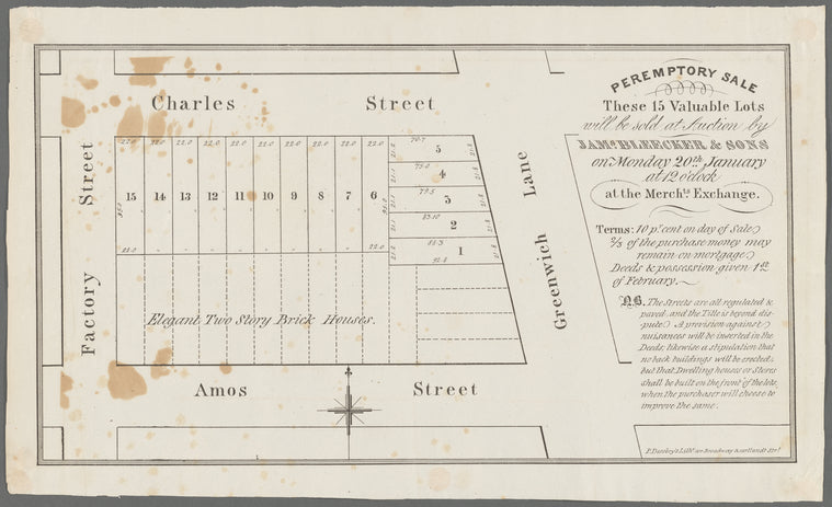 Peremptory sale these 15 valuable lots will be sold at auction by Jams. Bleecker & Sons on Monday, 20th January at 12 o'clock at the Merchts. Exchange