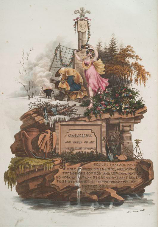 Beautiful display of a Winter Garden, Regency style, with the inscription 'Gardens are works of art rather than of nature.' -