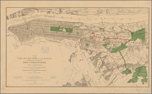 Map of the City of New York and vicinity showing the location of the Concourse : in the 23rd and 24th wards and its connection with the park system as proposed by the Commissioner of Street Improvements of the 23rd and 24th wards