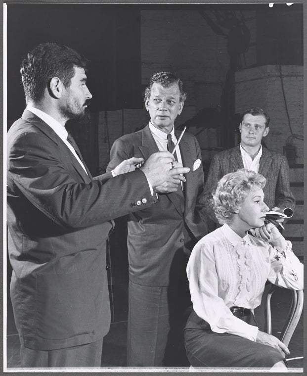 Rex Williams, Joseph Cotten, Arlene Francis and unidentified in rehearsal for the stage production Once More with Feeling