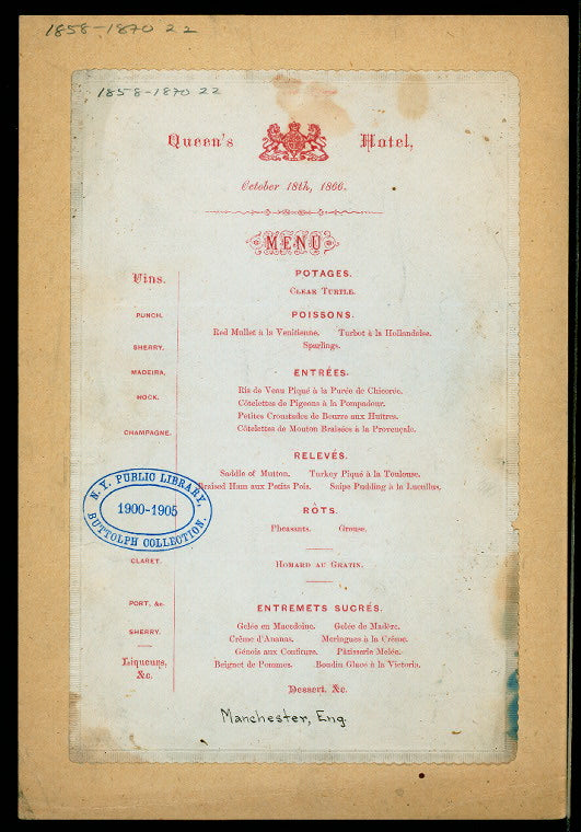 DINNER MENU [held by] QUEEN'S HOTEL [at] "MANCHESTER, ENG." (HOTEL)